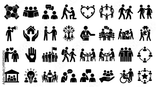 Collection of diverse human interaction icons representing teamwork community collaboration and support in business and social settings