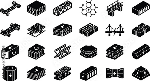 Energy storage icons: batteries, power cells, modules, energy blocks, compact power, collection of black and white icons focused