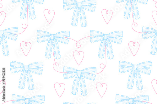 Seamless Ribbon Bow and Heart Pattern in Soft Pastel Colors, Cute Hand Drawn Line Art Background for Wrapping Paper, Textile, Packaging, Wedding and Valentine Designs