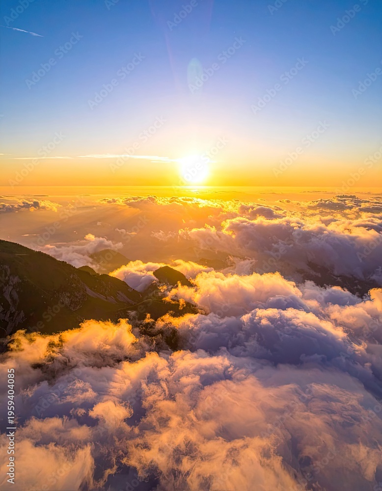 Fototapeta premium Sunrise over mountain peaks above clouds.