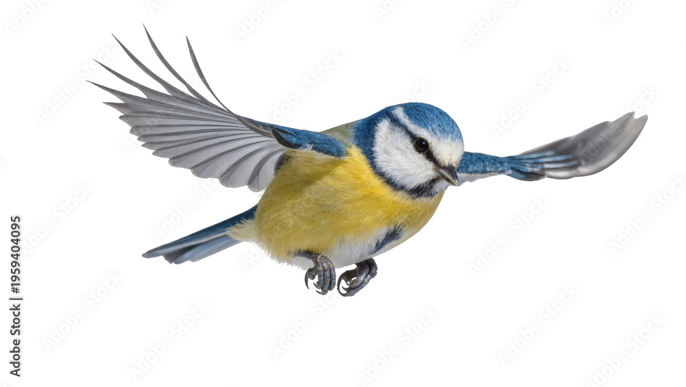 Αυτοκόλλητο Vibrant blue tit bird in graceful flight with outstretched wings, beautiful wild