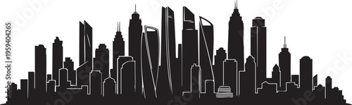 Black silhouette of a city skyline with white outlines on a white background