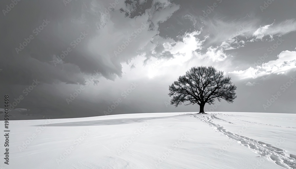 Obraz premium A lone, bare tree stands in a vast, snow-covered field under a dramatic, cloudy sky.