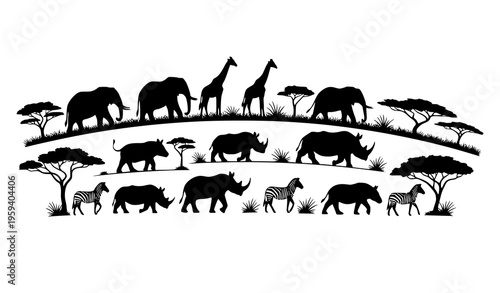 Minimal African wildlife silhouette set with trees and grass elephant giraffe zebra rhino vector isolated on white background