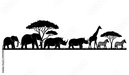 African animal silhouettes with trees and grass savanna scene elephant rhino giraffe zebra vector isolated on white background