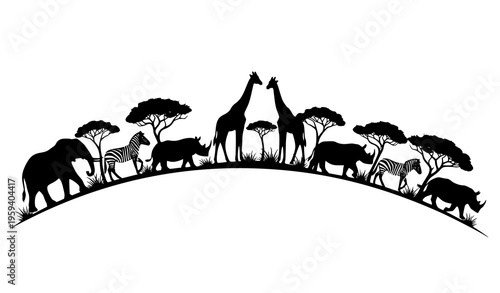 Dynamic African wildlife silhouettes with savanna trees and grass elephant giraffe zebra rhino vector isolated on white