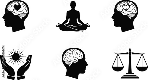 Mindfulness wellness silhouette icons, meditation emotional intelligence balance healing justice cognitive function design vector, psychology health illustration, flat vector illustration
