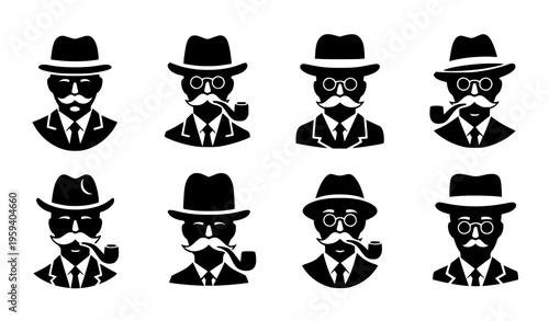 Retro gentleman avatar silhouettes set of 8 with hat mustache glasses and pipe vector isolated on white background