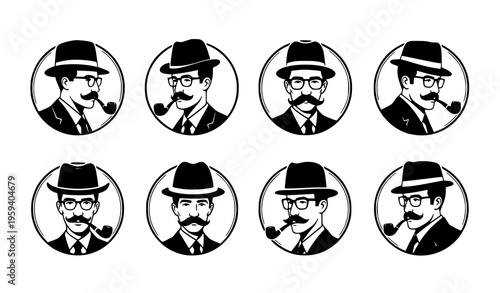 Classic vintage people silhouettes set of 8 with hats mustaches glasses and pipe vector isolated on white background