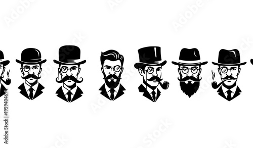 Vintage gentleman silhouette set of 8 people with hats mustaches glasses and pipe vector isolated on white background
