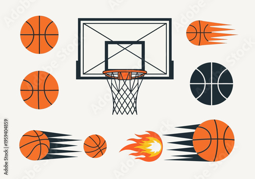 Basketball Graphic Elements Collection Featuring Hoop, Net, Flaming Ball, and Motion Speed Icons for Sports Design