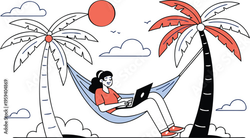 Relaxing woman, working remotely, tropical vacation, palm trees, summer vibes, illustration