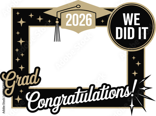 Graduation photo booth frame, party photobooth prop template with cap and decorations for class celebration event design.
