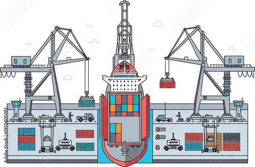 Container ship loading cargo at port with cranes and vehicles