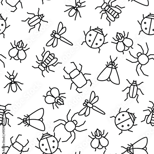 Insects vector seamless pattern showing various bugs, beetles, spiders, ladybug, dragonfly, bugs and other insects crawling in a seamless design, perfect for nature and entomology themes