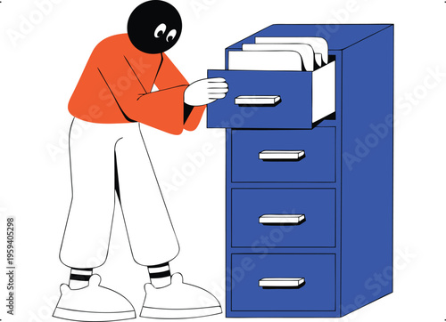 Person Organizing Documents in a Blue Filing Cabinet for Office Administration and Data Storage
