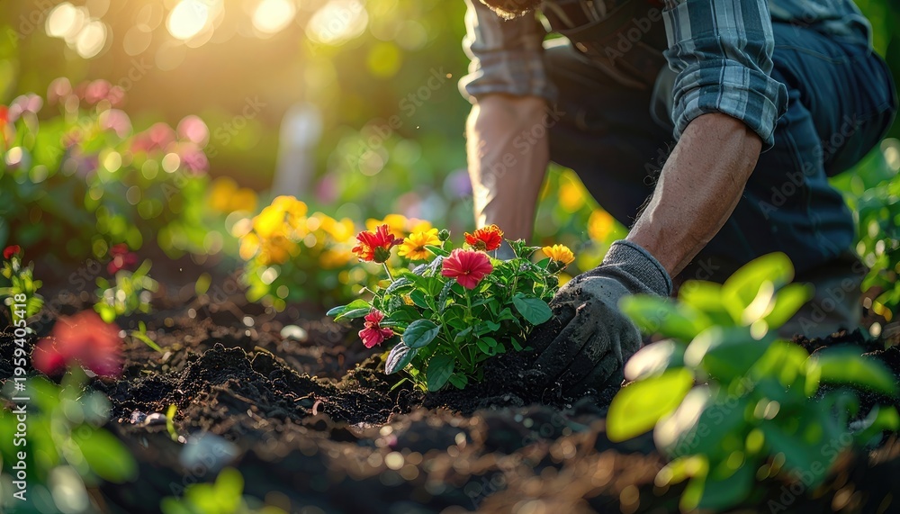 Fototapeta premium Gardener planting a small bush of red and yellow flowers in the soil.