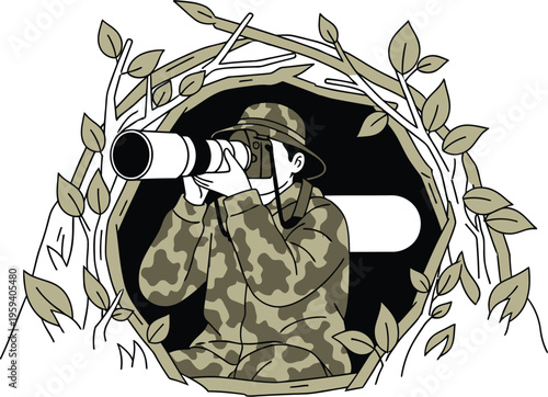 Man in camouflage clothing looking through binoculars in a tree hole