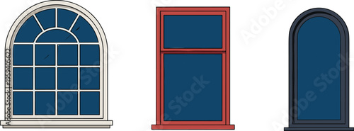 Stylized window design illustration set featuring arched, rectangular, and modern frames with decorative panes for architecture, construction, and interior design projects.