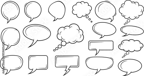 A collection of various speech bubbles and thought clouds in a sketch style