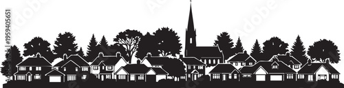 Black silhouette of a small town with houses and church trees