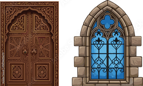 Ornate carved wooden door with floral motifs beside Gothic stained glass arched window, showcasing cultural architectural design and artistic heritage