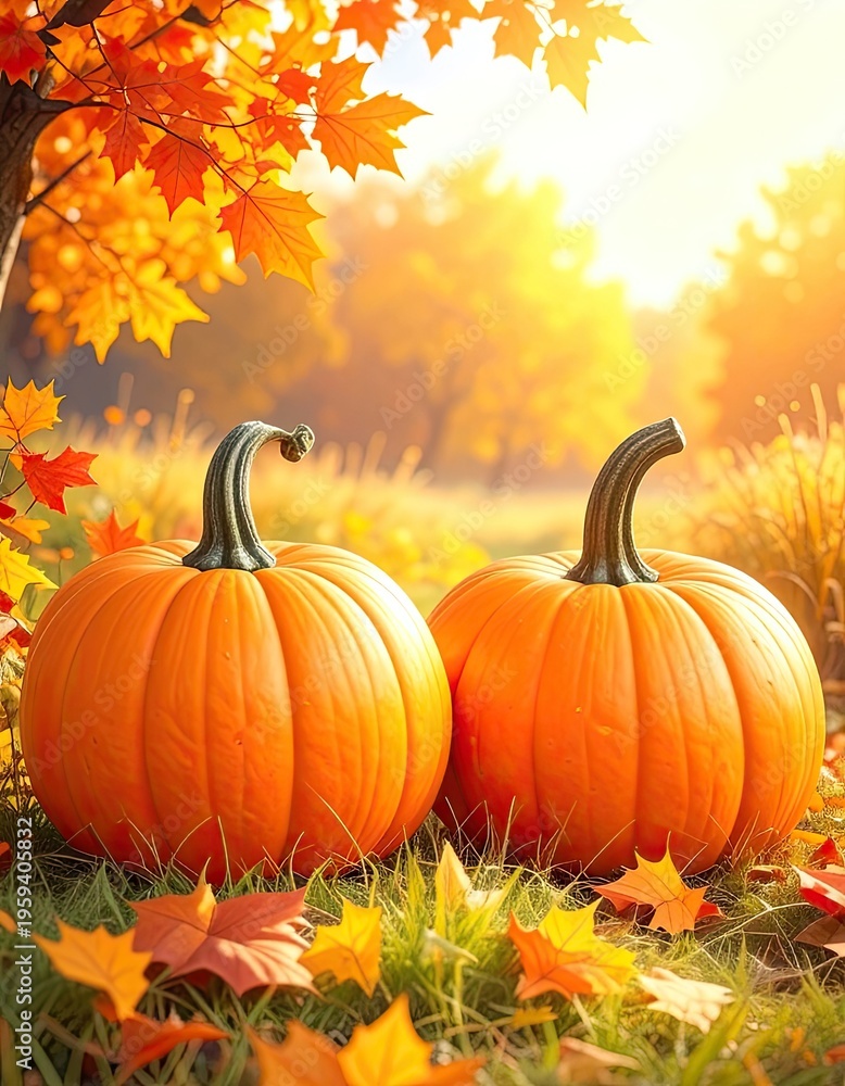 Naklejka premium Two large orange pumpkins sit on grass surrounded by fallen autumn leaves and a tree with vibrant orange foliage.