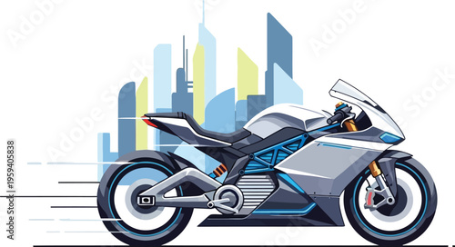 Electric motorcycle in front of a city skyline