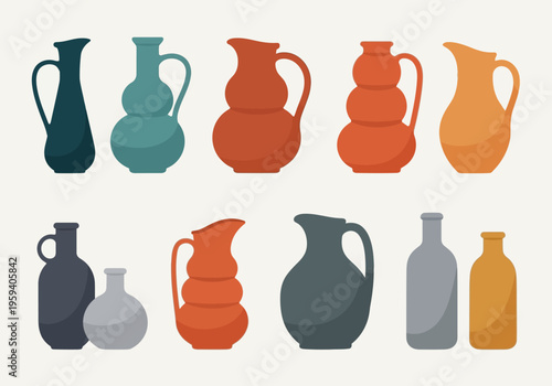 Modern Flat Vector Illustration Set of Ceramic Pottery Vases, Pitchers and Jugs in Earth Tones and Terracotta