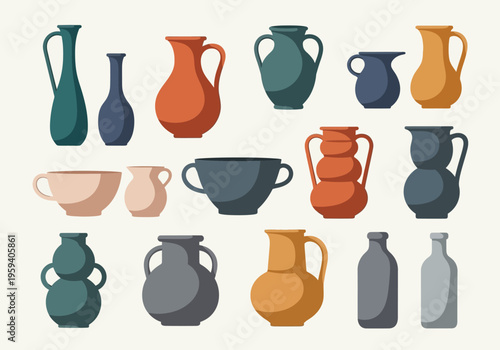Minimalist Ceramic Pottery Collection Set - Modern Flat Vector Illustration of Earthy Vases, Jugs, and Amphoras