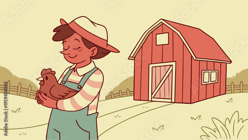 Farm boy holding chicken, rustic barn background, countryside scene, rural life vector