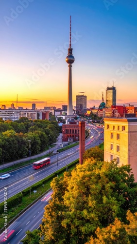 Berlin cityscape with TV tower at sunset