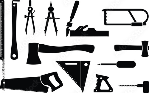Woodworking hand tools silhouette icons, ruler caliper compass chisel saw axe screwdriver drill set square, construction equipment vector, flat vector illustration