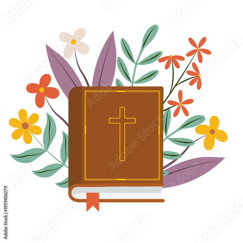 Christian Bible with flowers on isolated white background. Flat vector illustration