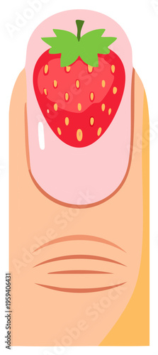 Cartoon illustration of a manicured finger with strawberry nail art