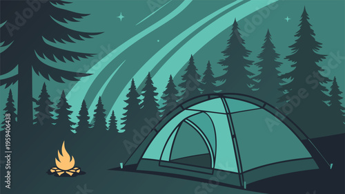Flat vector camping illustration with tent and campfire, starry night sky with northern lights, pine forest wilderness landscape background