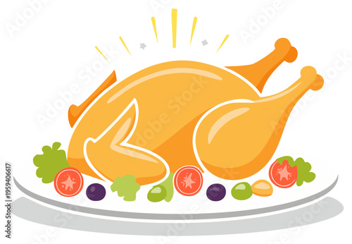 Cartoon Roasted Chicken Ready for Holiday Feast Garnished with Colorful Vegetables on Serving Platter