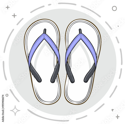 Simple illustration of a pair of flip flops with purple straps and white soles