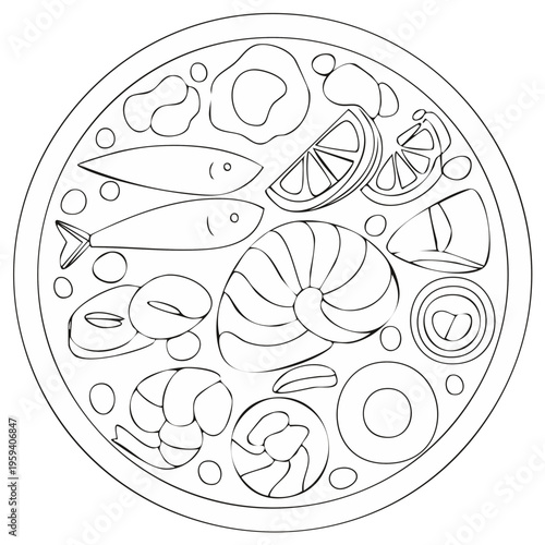 Line art of seafood platter with shrimps, fish, shellfish, eggs, and lemons in a circle, showcasing culinary freshness and sea flavors