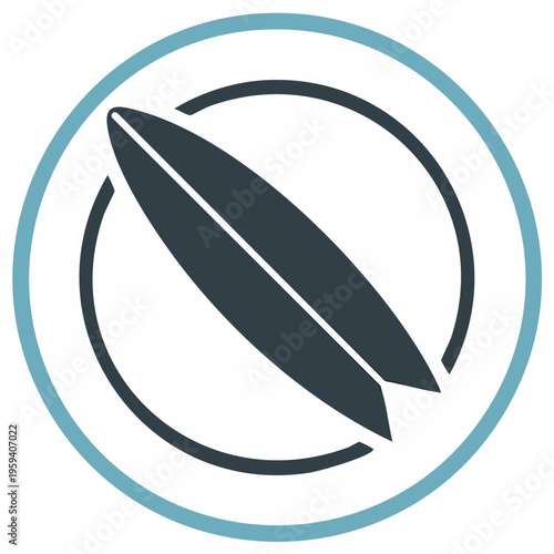 Surfboard emblem inside a double ring with a teal outer circle accent