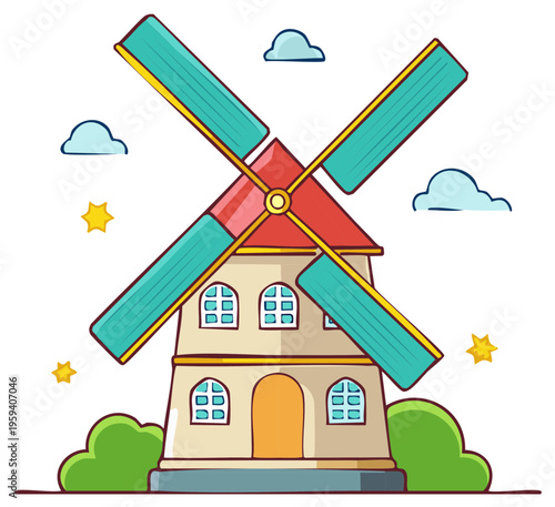 Playful cartoon windmill with colorful spinning blades whimsical clouds and shining stars
