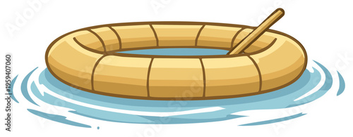 Cartoon inflatable boat with a single oar floating on rippling water vector illustration