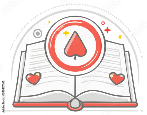 Open Book with Spade Symbol and Hearts, Concept of Gambling or Game Strategy