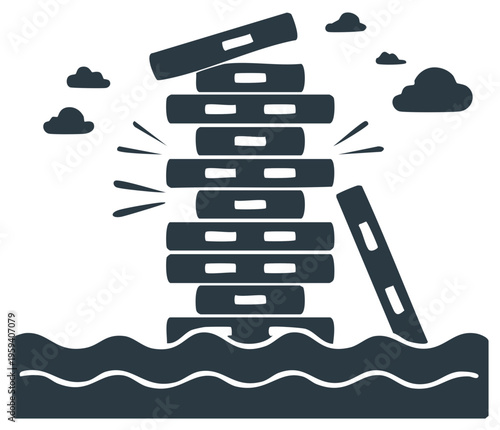 Unstable Tower of Blocks Balanced on Wavy Water Beneath Clouds