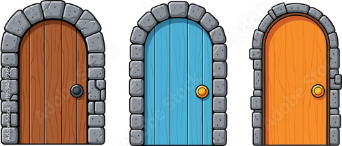 Three cartoon arched wooden doors framed with stone blocks, vibrant colors, playful design, round doorknobs, perfect for gaming illustration inspiration