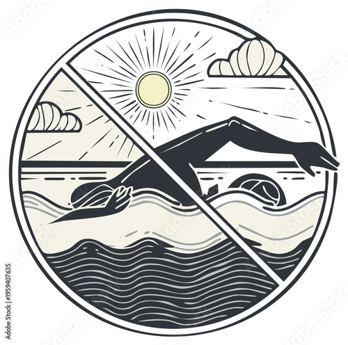 Stylized Illustration of a Swimmer in Open Water Under a Sunny Sky