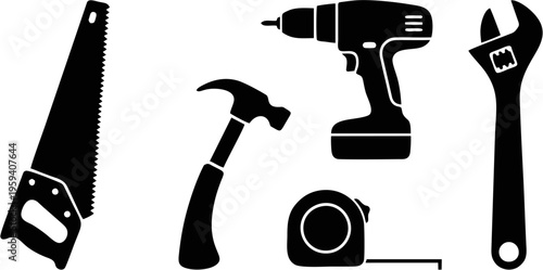 Woodworking carpentry craft equipment silhouettes collection solid black shapes