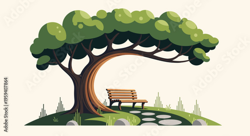 Minimalist Vector Illustration of a Wooden Park Bench Under a Large Tree in a Serene Garden, Nature Landscape Design Element