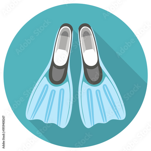 Blue flippers in a teal circle with a long shadow illustration