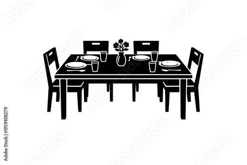 Elegant black and white icon illustration of a fully set dining table with four chairs, plates, cutlery, glasses, and a decorative flower vase at its center, ideal for home decor, restaurant, or kitch